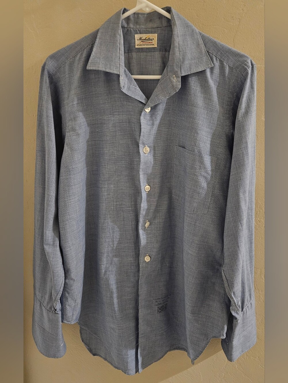 Vintage Manhattan Docoma Blue Plaid Shirt Mens 15 M Perm Press Blue French Cuffs
